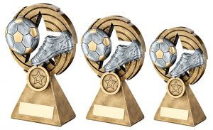 BRZ/PEW/GOLD FOOTBALL AND BOOT ON STAR HOLED SPIRAL TROPHY