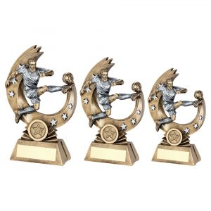 3 sizes free e Brz/Pew Male Double Football Figures With V-Net Backdrop Trophy 