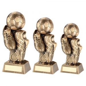 BRZ/GOLD FOOTBALL AND BOOTS ON COLUMN RISER TROPHY