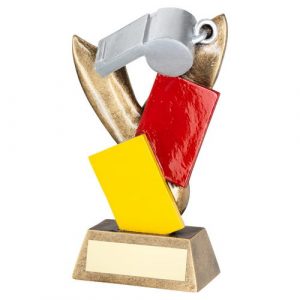 SILV/BRZ REFEREE WHISTLE WITH RED AND YELLOW CARDS TROPHY – 6.75in