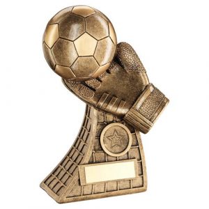 BRZ/GOLD FOOTBALL AND GOALKEEPER GLOVE ON NET BASE TROPHY (1in CENTRE) – 7.25in