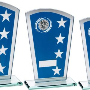BLUE/SILVER PRINTED GLASS SHIELD WITH FOOTBALL INSERT TROPHY