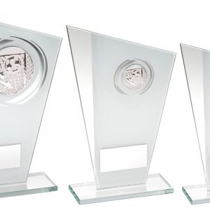 WHITE/SILVER PRINTED GLASS PLAQUE WITH FOOTBALL INSERT TROPHY