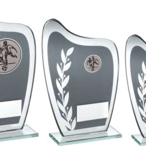 GREY/SILVER GLASS PLAQUE WITH FOOTBALL INSERT TROPHY