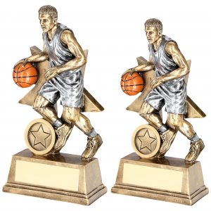BRZ/PEW/ORANGE MALE BASKETBALL FIGURE WITH STAR BACKING TROPHY