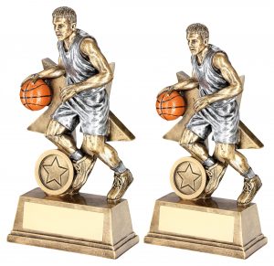 BRZ/PEW/ORANGE MALE BASKETBALL FIGURE WITH STAR BACKING TROPHY