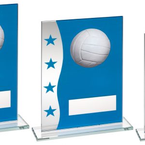 BLUE/SILVER PRINTED GLASS PLAQUE WITH NETBALL IMAGE TROPHY