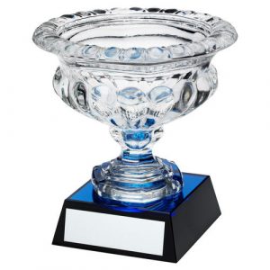 CLEAR GLASS BOWL ON BLUE/BLACK BASE WITH PLATE (APPROX 7″ DIA) – 8.25in