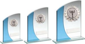 JADE/BLUE RECTANGLE GLASS WITH SILVER WREATH TRIM TROPHY