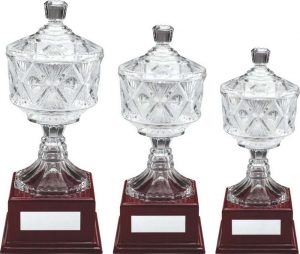 CLEAR GLASS CUP ON WOOD BASE TROPHY