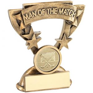 BRZ/GOLD MAN OF THE MATCH MINI CUP WITH HOCKEY INSERT AND PLATE – 3.75in