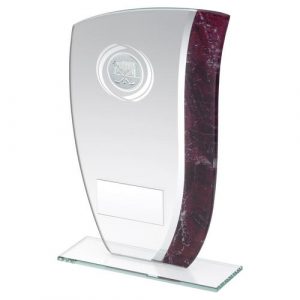 JADE GLASS WITH CLARET/SILVER MARBLE DETAIL AND HOCKEY INSERT TROPHY