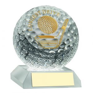 CLEAR GLASS GOLF BALL WITH PLATE LONGEST DRIVE – 3.75in