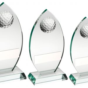 JADE GLASS PLAQUE WITH HALF GOLF BALL TROPHY