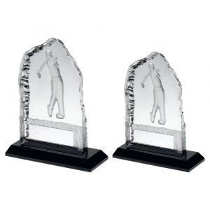CLEAR GLASS FROSTED GOLF ICEBERG ON BLACK BASE TROPHY