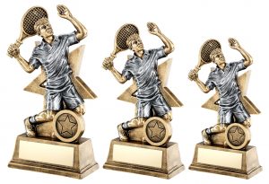 BRZ/GOLD/PEW MALE TENNIS FIGURE WITH STAR BACKING TROPHY