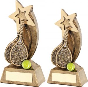 BRZ/GOLD/YELLOW TENNIS RACKETS/BALL WITH SHOOTING STAR TROPHY