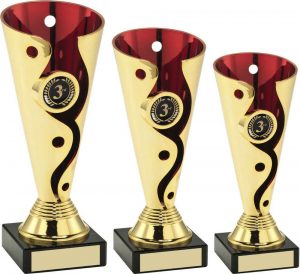 GOLD/RED PLASTIC SWIRL AND DOT TROPHY