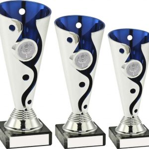 SILVER/BLUE PLASTIC SWIRL AND DOT TROPHY