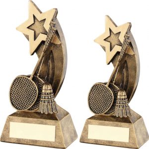 BRZ/GOLD BADMINTON RACKETS/SHUTTLECOCK WITH SHOOTING STAR TROPHY
