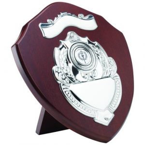 MAHOGANY SHIELD WITH CHROME FRONTS (1in CENTRE) – 9in
