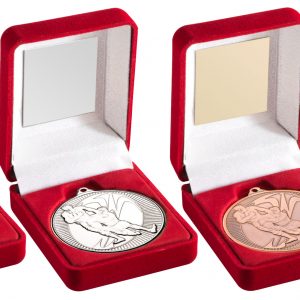 RED VELVET BOX AND 50mm MEDAL RUGBY TROPHY
