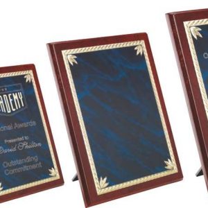 ROSEWOOD PLAQUE WITH BLUE/GOLD ALUMINIUM FRONT