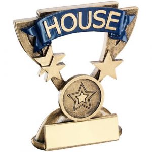 BRZ/GOLD SCHOOL HOUSE MINI CUP TROPHY – BLUE  (1in CENTRE) 3.75in