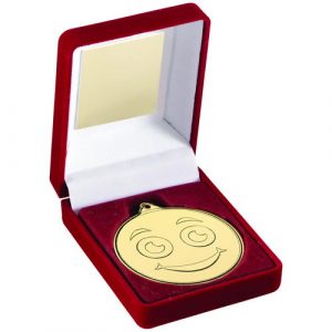 RED VELVET BOX AND GOLD 50mm MEDAL SMILEY FACE TROPHY – 3.5in