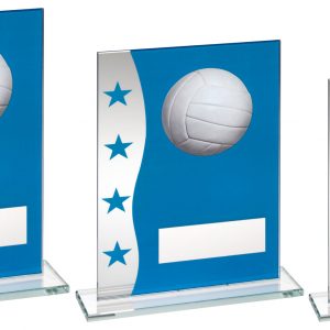 BLUE/SILVER PRINTED GLASS PLAQUE WITH VOLLEYBALL IMAGE TROPHY