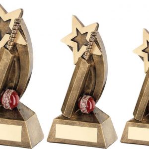 BRZ/GOLD/RED CRICKET BAT/BALL WITH SHOOTING STAR TROPHY