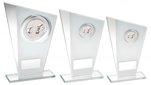 WHITE/SILVER PRINTED GLASS PLAQUE WITH LAWN BOWLS INSERT TROPHY
