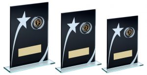 BLK/WHITE PRINTED GLASS PLAQUE WITH SHOOTING STAR TROPHY