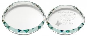 CLEAR GLASS ROUND PAPERWEIGHT WITH FACETED EDGE