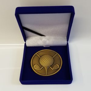 Gold Golf Medal 60mm with Blue Velour Medal Box