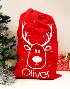 Christmas 'Reindeer & Name' Red Present Sack