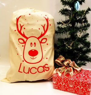 Christmas 'Reindeer & Name' Natural Present Sack