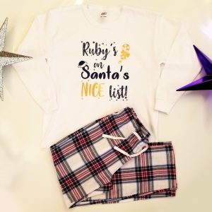 ‘………’s on Santas Nice List’ Christmas White & Pink Pyjamas