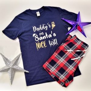 Personalised ‘…… on Santa’s Nice List’ Navy Short Sleeve Christmas Pyjamas with Tartan Shorts