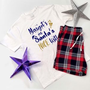 Personalised ‘…… on Santa’s Nice List’ White Short Sleeve Christmas Pyjamas with Tartan Shorts