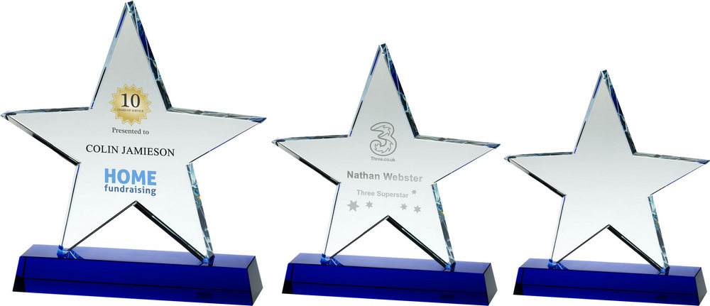 CLEAR GLASS STAR PLAQUE ON BLUE BASE